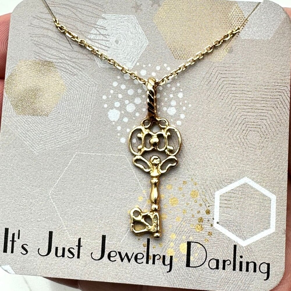 Vintage 14k Yellow Gold Filigree Large Key Pendant Necklace 18 Inch Chain